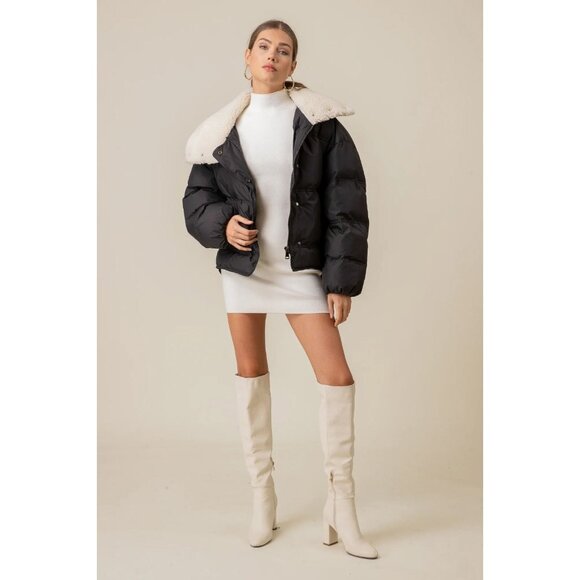 NWOT LINE AND DOT Sage Black Faux Fur Shearling Puffer Jacket Coat, Size S - Picture 2 of 13